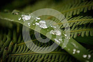 Fresh Rain drops on the grass and fern leaves