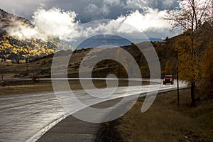 Fresh rain on higwhay 17, Colorado/New Mexico border near Chama, New Mexico