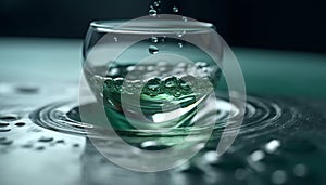 Fresh raindrop splashing in a glass of purified drinking water generated by AI