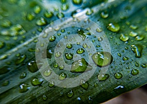 Fresh raindrops isolated on green leaf in garden