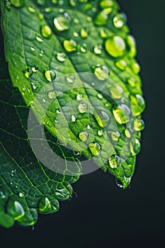 Fresh raindrops on vibrant green leaf