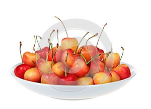 Fresh Rainier cherries in a porcelain bowl isolated