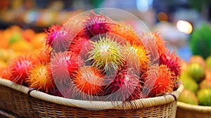 Fresh rambutans in vibrant basket, exotic tropical harvest