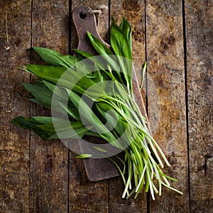 Fresh ramson bunch on wooden background