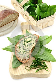 Fresh ramson butter on slice of bread