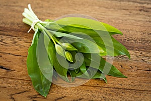 Fresh ramsons on a wooden plate photo