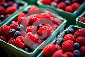 Fresh raspberries, blueberries, blackberries and strawberries in a basket, Farmers Market Berries Assortment Closeup, Strawberries