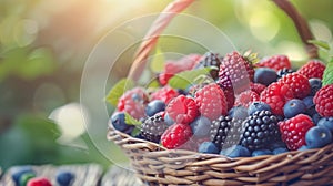 Fresh raspberries, blueberries and blackberries in woven basket, AI Generated