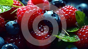 fresh raspberries and blueberries close up