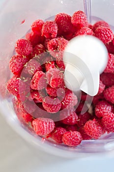 Fresh raspberries in a food processor