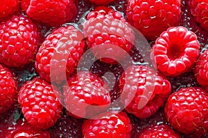 Fresh raspberries large berries on a red background with villi and drops