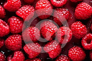 Fresh raspberries on a red background with villi and drops
