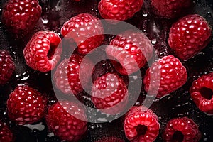 Fresh raspberries scattered on a burgundy background with villi and drops