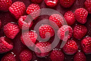 Fresh raspberries scattered on a red background with villi and drops