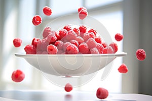 Fresh Raspberries Tumbling into a White Bowl Near a Bright Window