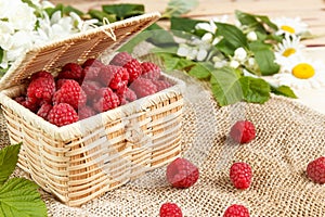 Fresh raspberries in a wicker box and honey, green leaves