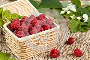 Fresh raspberries in a wicker box and honey, green leaves
