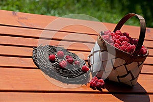 Fresh raspberry in a basket on wooden table