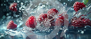 Fresh raspberry falling in water. Splashes around. Dark background. Horizontal layout for web design