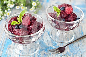 Fresh raspberry granita and mint (blueberry, berries).