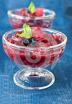 Fresh raspberry granita and mint (blueberry, berries).