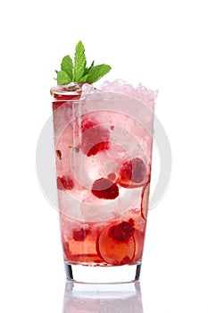 Fresh raspberry lemonade with mint and ice. raspberry and grape lemonade or cocktail isolated on white background