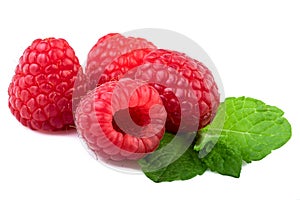 Fresh raspberry with mint leaf isolated on white