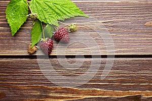 Fresh raspberry, red berries with green leaves on wooden table