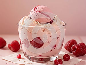 Fresh raspberry style ice cream?pink background photo