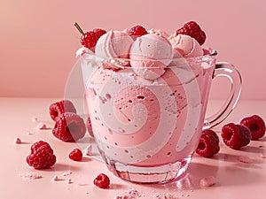 Fresh raspberry style ice cream?pink background photo