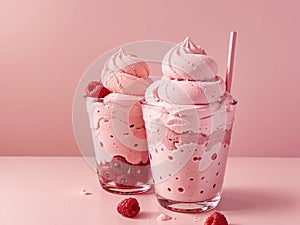Fresh raspberry style ice cream?pink background photo