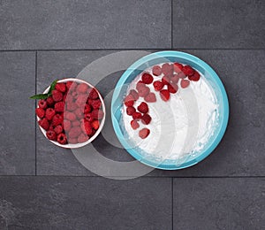 Fresh raspberry and whipped cream dessert - top down view