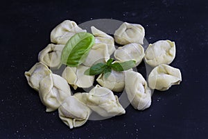 Fresh Ravioli with basil on floury dark background. Italian homemade healthy food concept.Process of making italian pesto ravioli