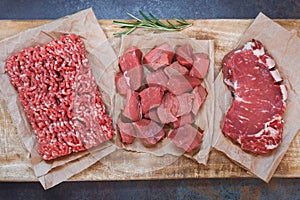 Fresh raw angus beef meat, whole, ground and chopped