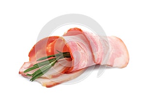 Fresh raw bacon slice with rosemary on background