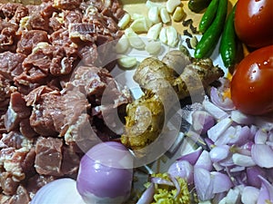 Fresh raw beef meat and ingredients