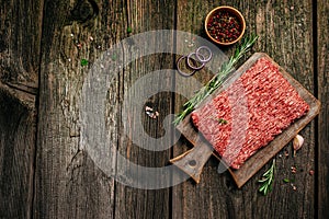 Fresh Raw Beef Minced Meat. Food recipe background. Close up. Long banner format. top view
