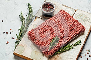 Fresh Raw Beef Minced Meat. Food recipe background. Close up. Long banner format. top view