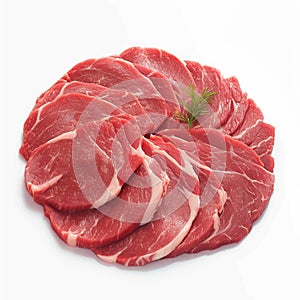 Fresh raw beef pieces arranged elegantly against pristine white background