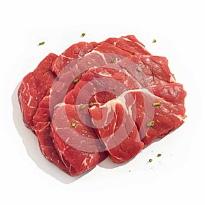 Fresh raw beef pieces arranged elegantly against pristine white background