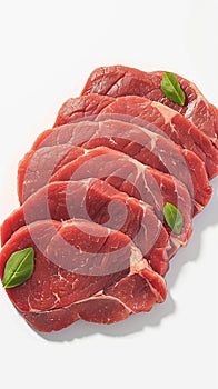 Fresh raw beef pieces arranged elegantly against pristine white background