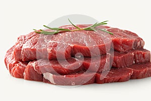 Fresh raw beef pieces arranged elegantly against pristine white background