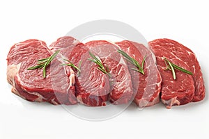 Fresh raw beef pieces arranged elegantly against pristine white background