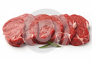 Fresh raw beef pieces arranged elegantly against pristine white background