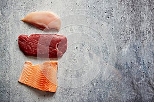 Fresh raw beef steak, chicken breast, and salmon fillet