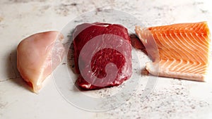 Fresh raw beef steak, chicken breast, and salmon fillet