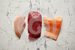 Fresh raw beef steak, chicken breast, and salmon fillet