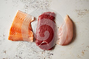 Fresh raw beef steak, chicken breast, and salmon fillet