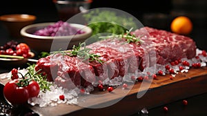 Fresh raw beef steak on cutting board with herbs and spices on dark background