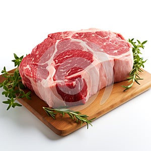 fresh raw beef steak with rosemary on a wooden board on a white background